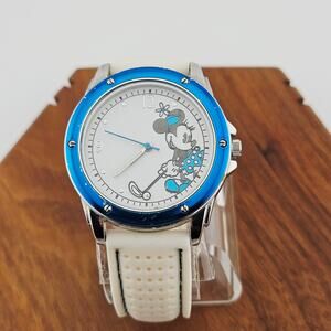 Disney Women's Minnie Mouse Character Watch Blue Bezel Cream Texture Band